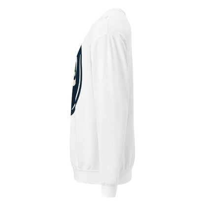 White long-sleeve shirt with a logo on the sleeve against a white background