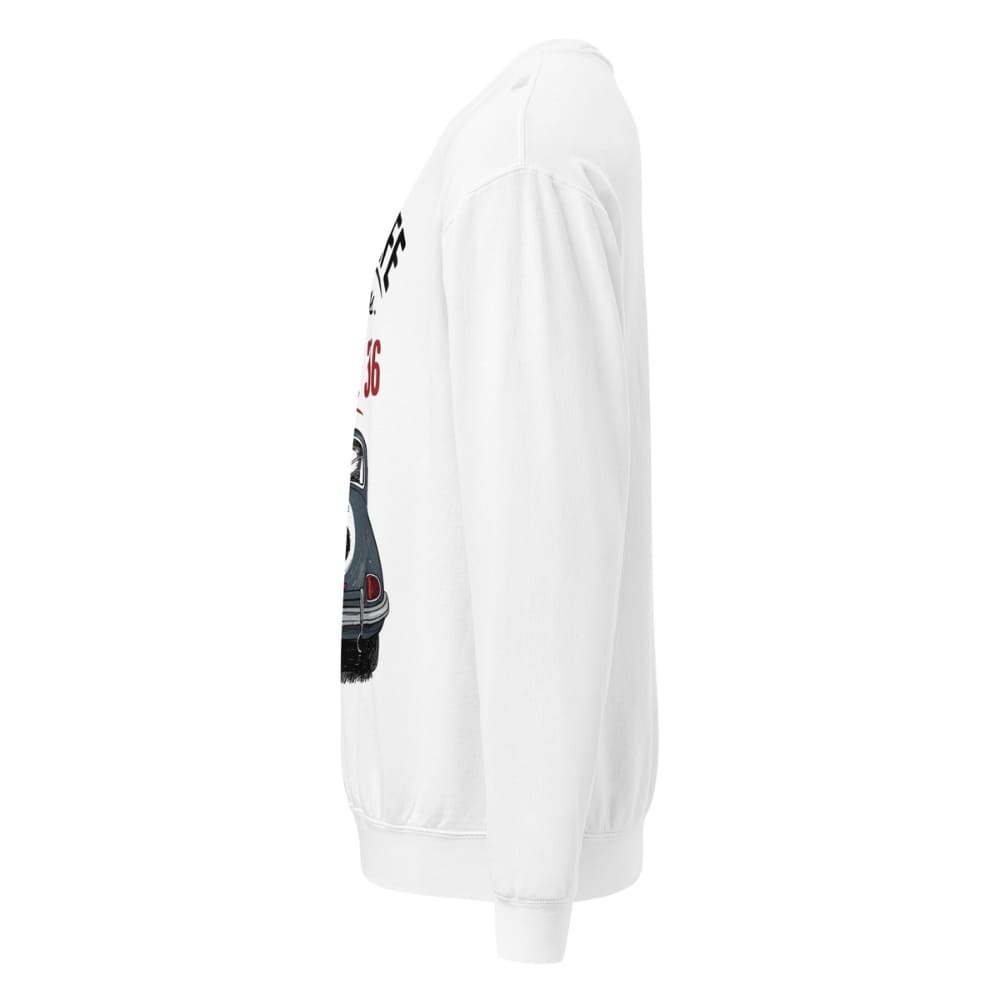 White sweatshirt with graphic design on the back against a white background