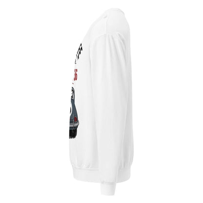 White sweatshirt with graphic design on the back against a white background