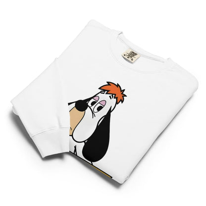 White sweatshirt with cartoon character design on a white background