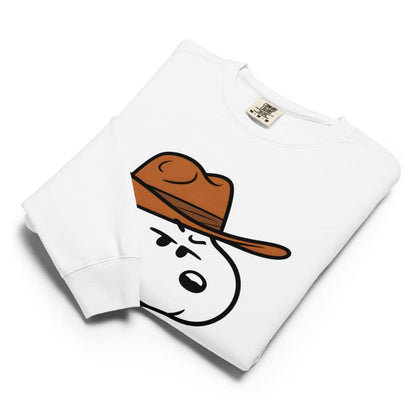 White sweatshirt with a cartoon face wearing a brown cowboy hat on a white background