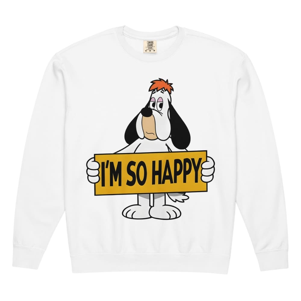 White sweatshirt with a cartoon character holding a 'I'm So Happy' sign on a white background