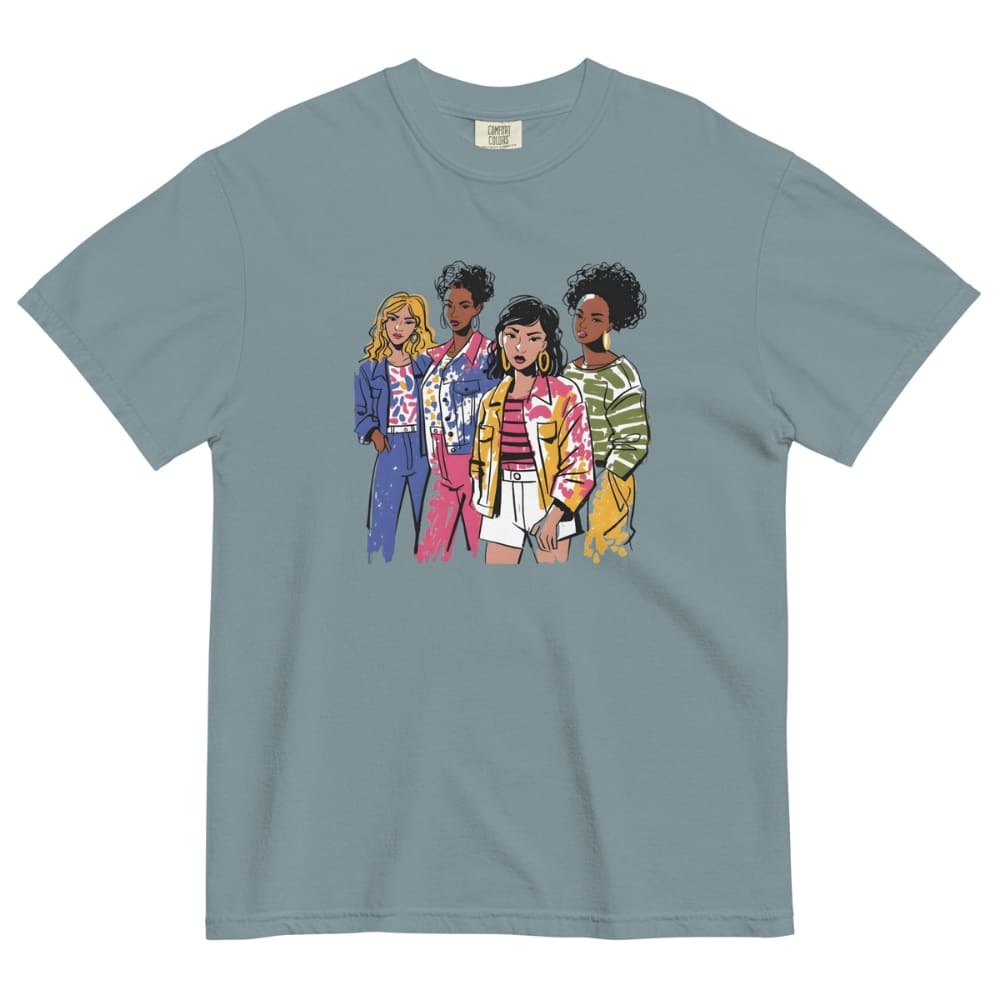 Ice-blue t-shirt with colorful graphic of four women on a white background