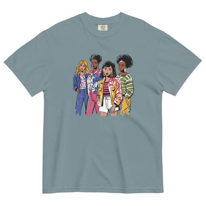 Ice-blue t-shirt with colorful graphic of four women on a white background