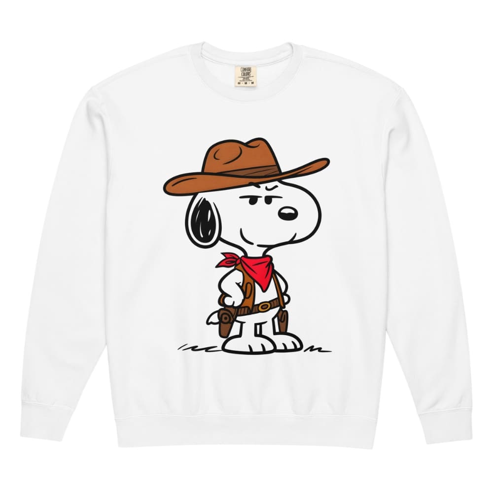 White long-sleeve shirt with a cartoon character wearing a cowboy hat and boots on a white background