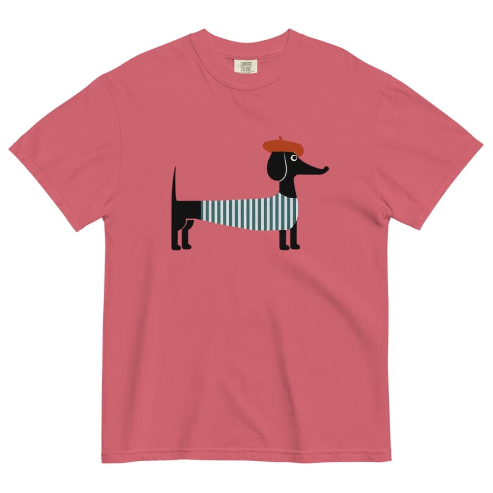 Watermelon red t-shirt with a dachshund graphic wearing a striped sweater and hat on a white background