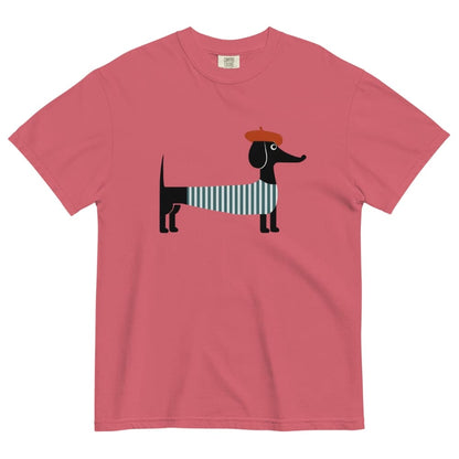 Watermelon red t-shirt with a dachshund graphic wearing a striped sweater and hat on a white background