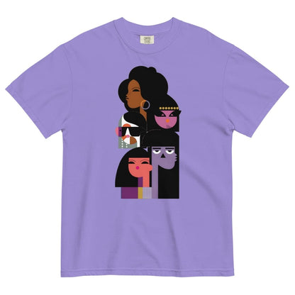 Purple t-shirt with graphic design of four stylized faces on a white background