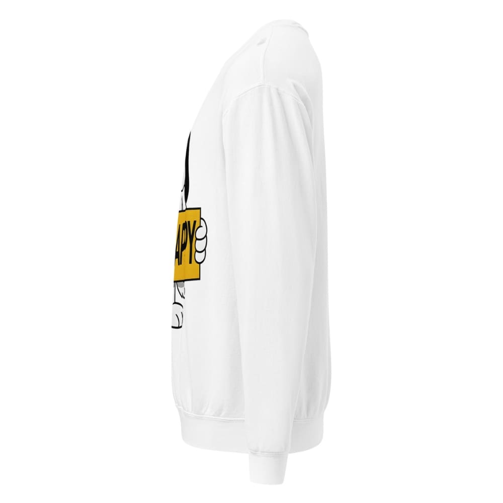 White sweatshirt with a graphic design on the sleeve against a white background