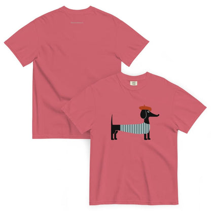 Watermelon red t-shirt with a dachshund graphic on a white background