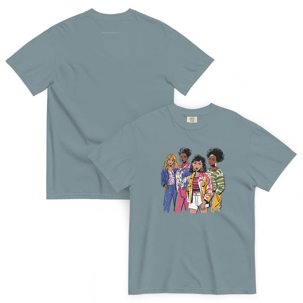 Ice-blue t-shirt with cartoon characters on a white background