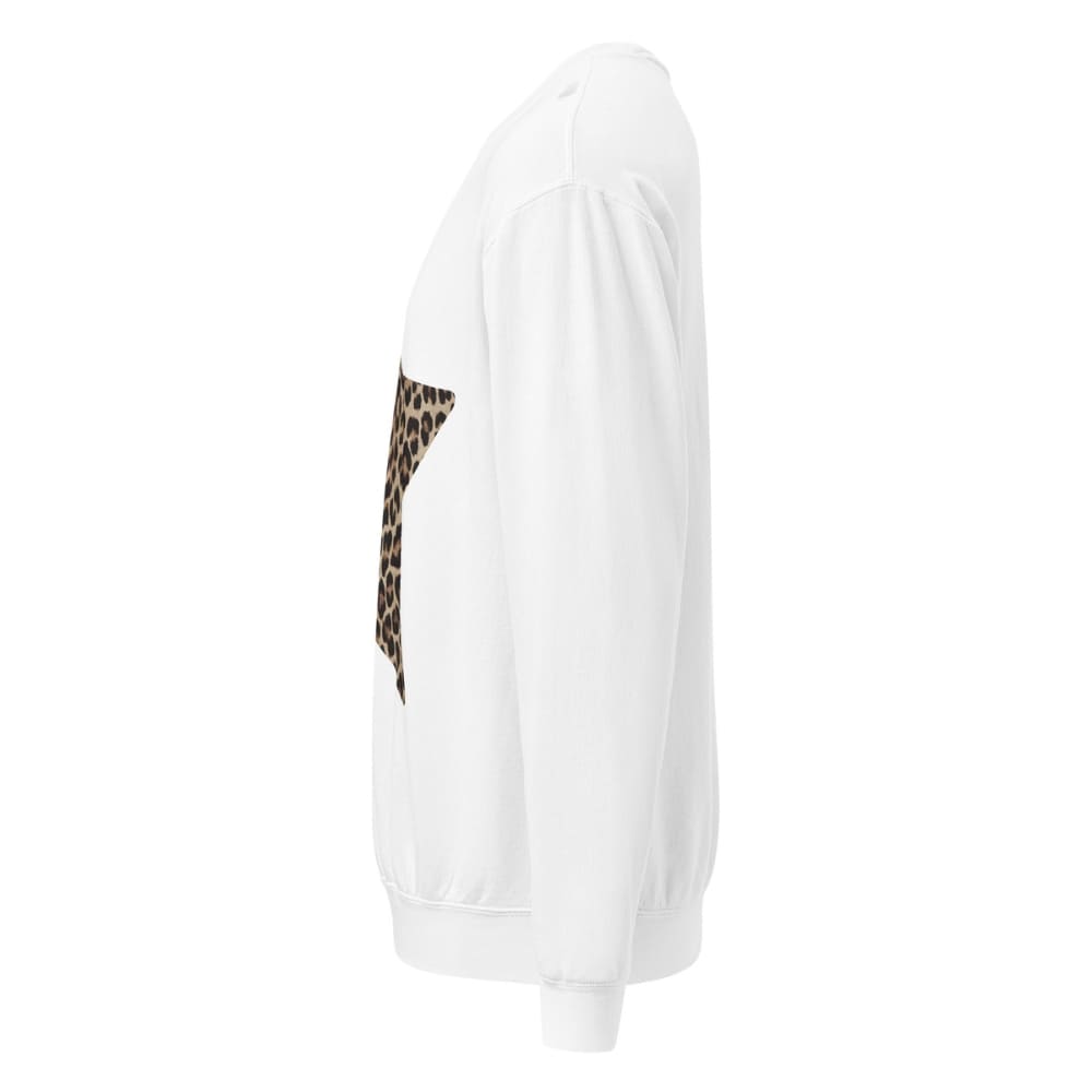 White sweatshirt with leopard print sleeve on a white background
