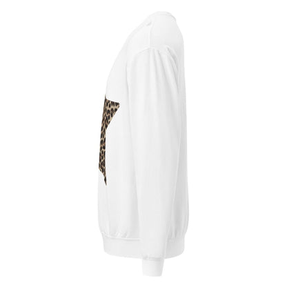 White sweatshirt with leopard print sleeve on a white background
