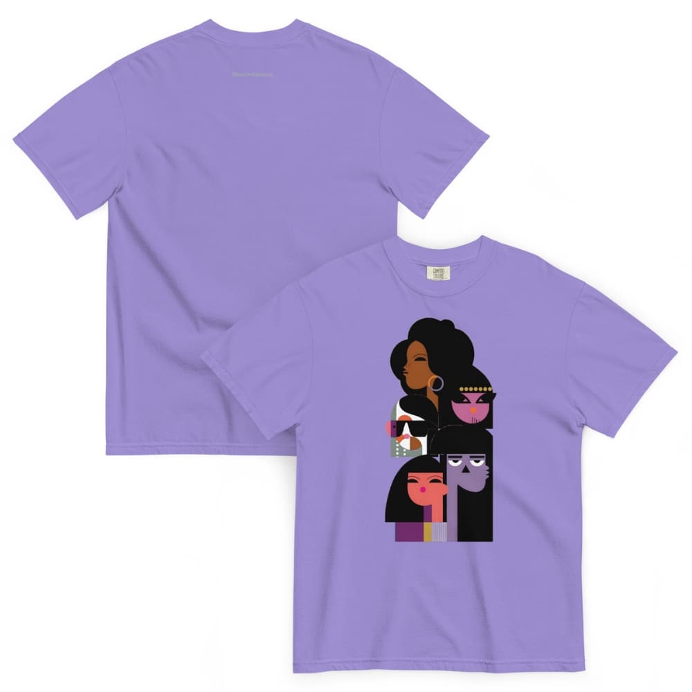 Purple t-shirt with a graphic design of three stylized faces on a white background