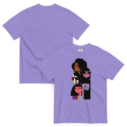 Purple t-shirt with a graphic design of three stylized faces on a white background