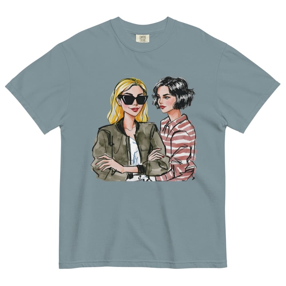 Ice-blue t-shirt with illustration of two women on a white background