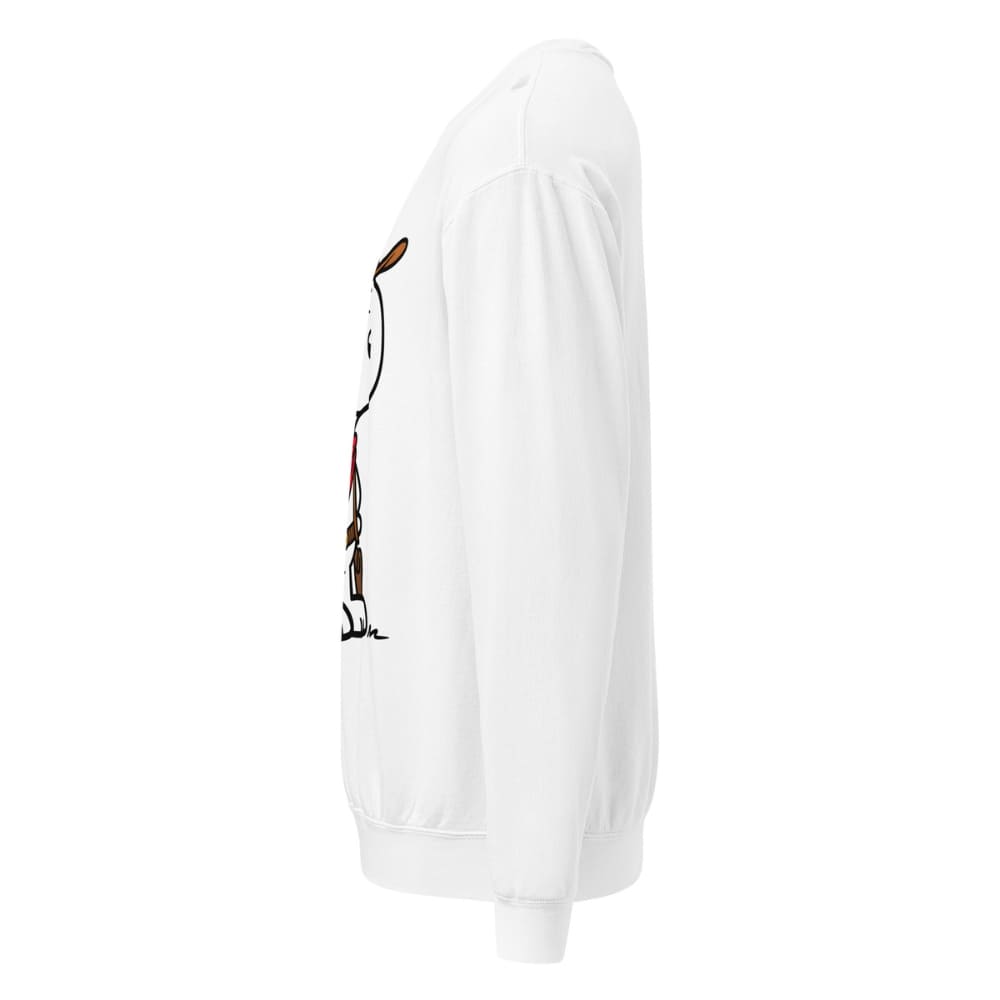 White sweatshirt with a graphic design on the sleeve against a white background