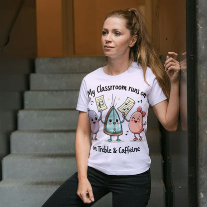 My Classroom Runs on Treble & Caffeine – Funny Music Teacher Gift – Cute Coffee & Music Cartoon Design – Eco-Friendly Shirt