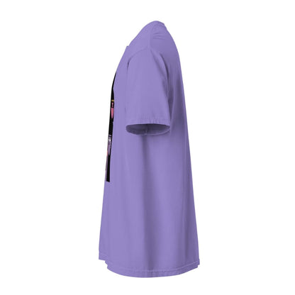 Purple t-shirt with a small graphic on the chest against a white background