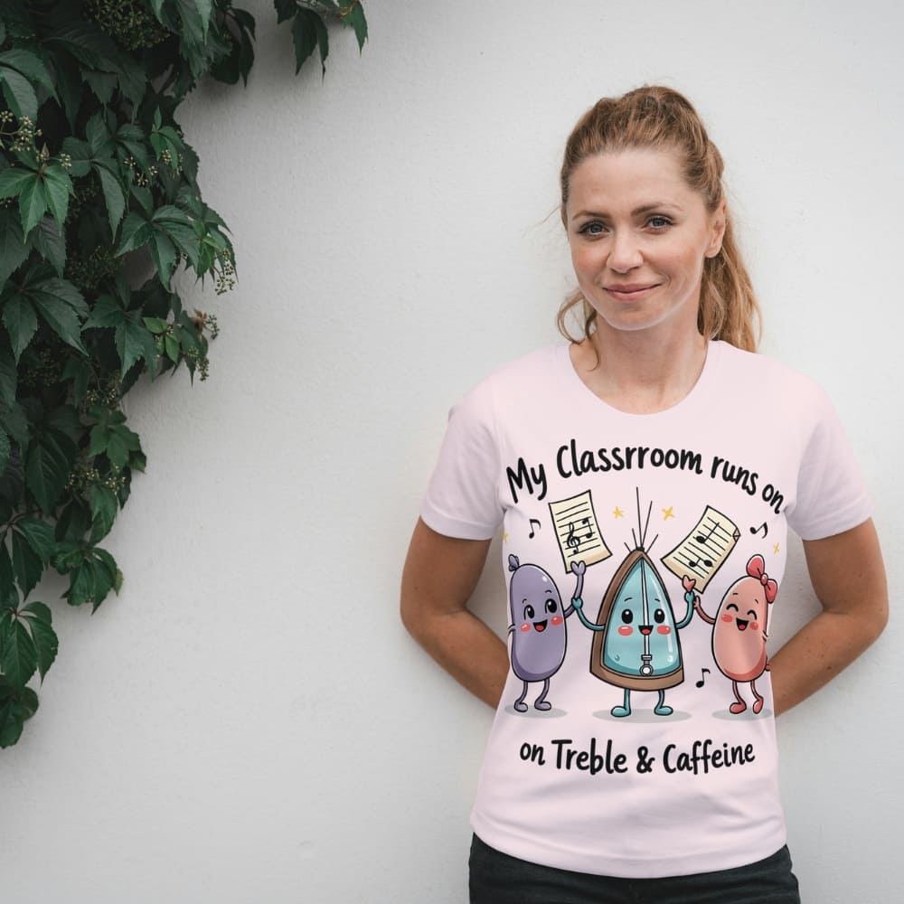 My Classroom Runs on Treble & Caffeine – Funny Music Teacher Gift – Cute Coffee & Music Cartoon Design – Eco-Friendly Shirt