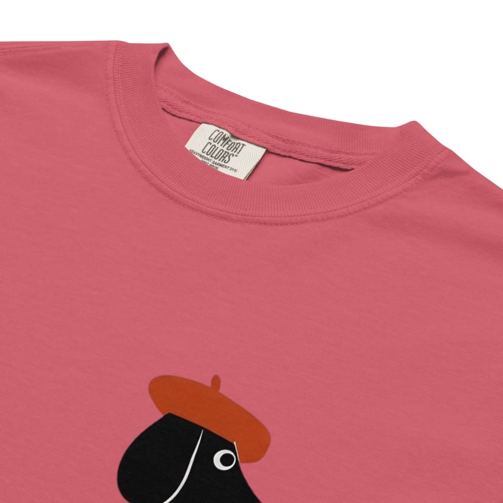 Watermelon red t-shirt with a graphic of a black cat wearing a brown beret and 'Comfort Colors' label.