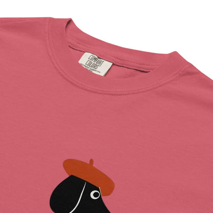 Watermelon red t-shirt with a graphic of a black cat wearing a brown beret and 'Comfort Colors' label.
