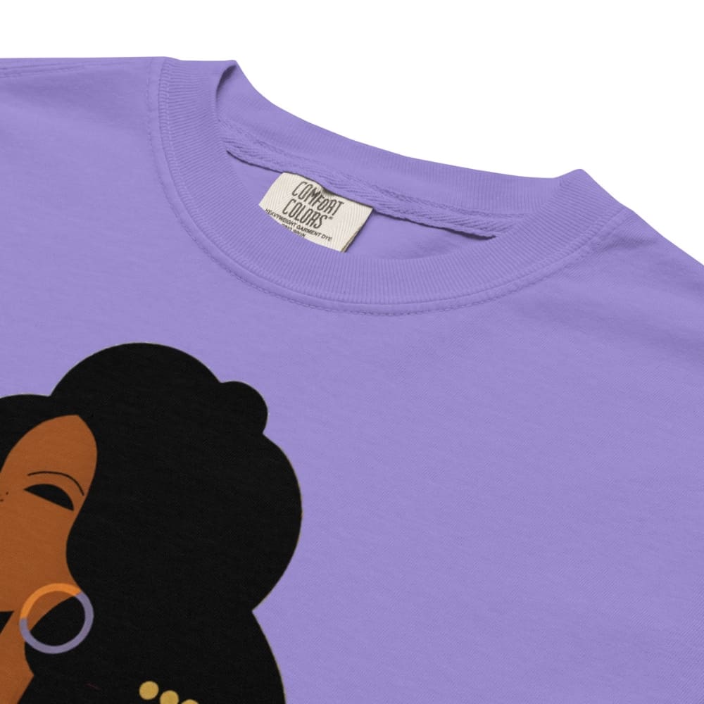 Purple t-shirt with a graphic of a woman's face and 'Comfort Colors' label.