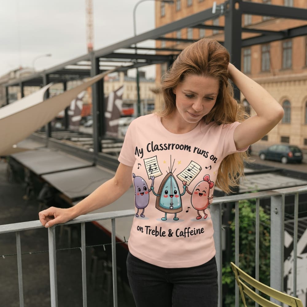 My Classroom Runs on Treble & Caffeine – Funny Music Teacher Gift – Cute Coffee & Music Cartoon Design – Eco-Friendly Shirt