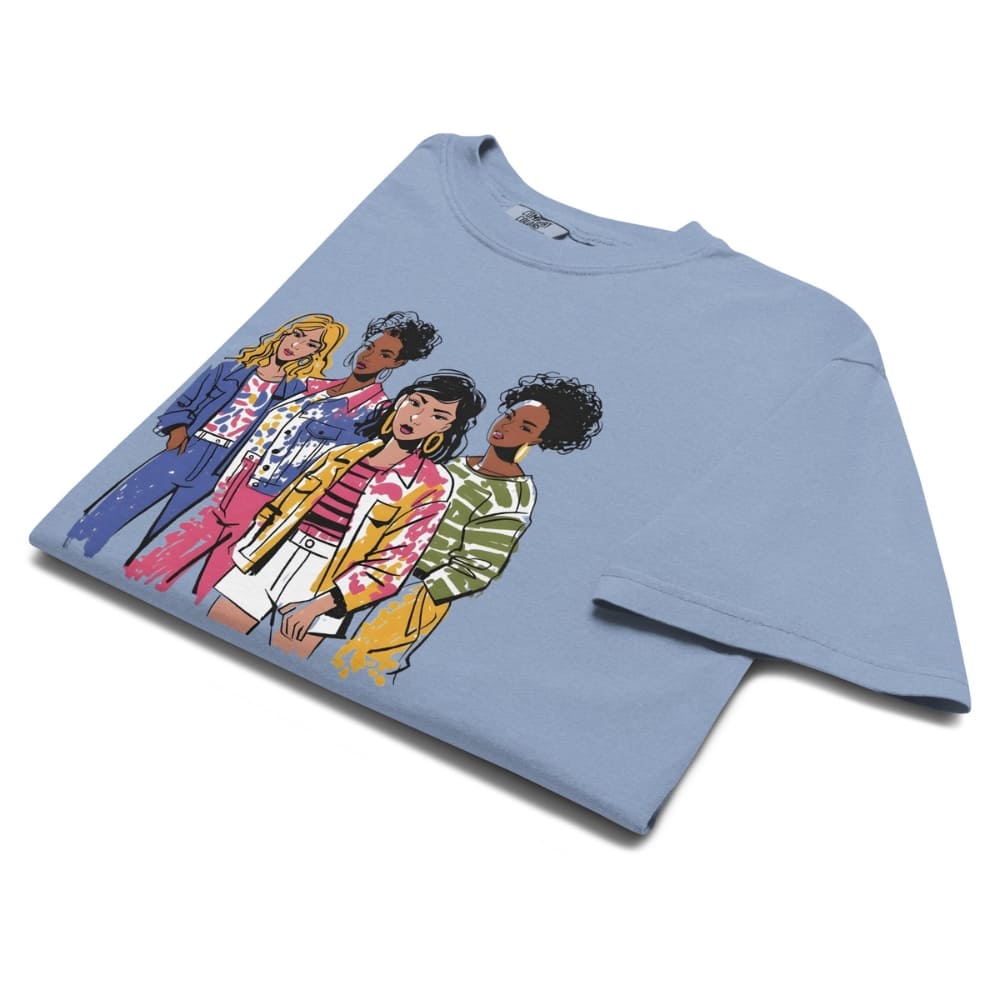 Denim-blue t-shirt with colorful graphic of four women on a white background
