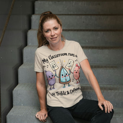 My Classroom Runs on Treble & Caffeine – Funny Music Teacher Gift – Cute Coffee & Music Cartoon Design – Eco-Friendly Shirt