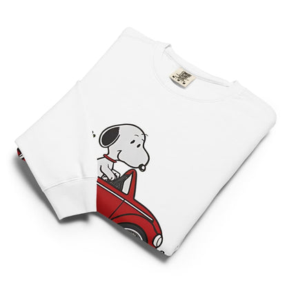 White sweatshirt with a cartoon dog design on a white background