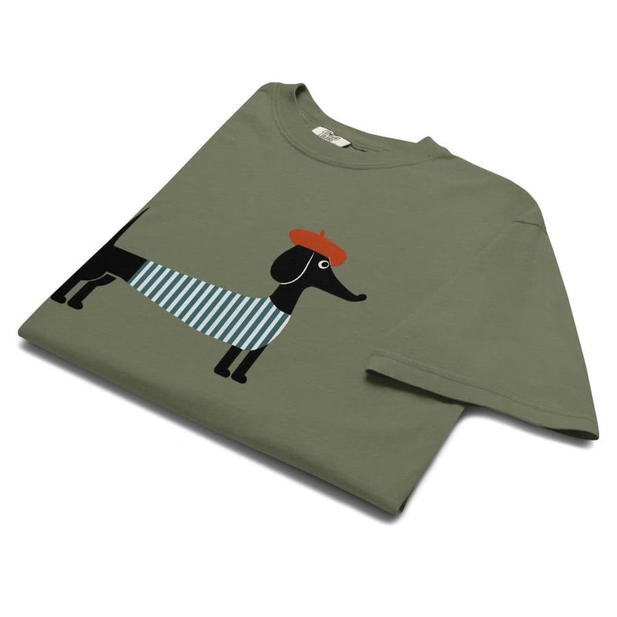 Green t-shirt with a dog graphic on a white background