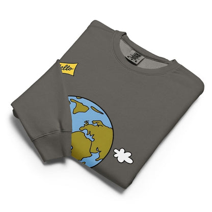 Folded gray sweatshirt with cartoon design on a white background