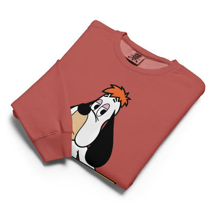 Folded red sweatshirt with cartoon character design on a white background