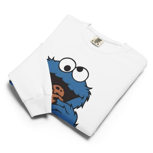 White sweatshirt with a blue character holding a cookie on a white background