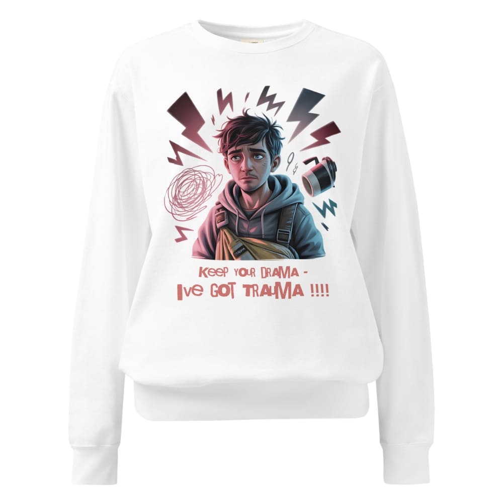 White sweatshirt with graphic design and text on a white background