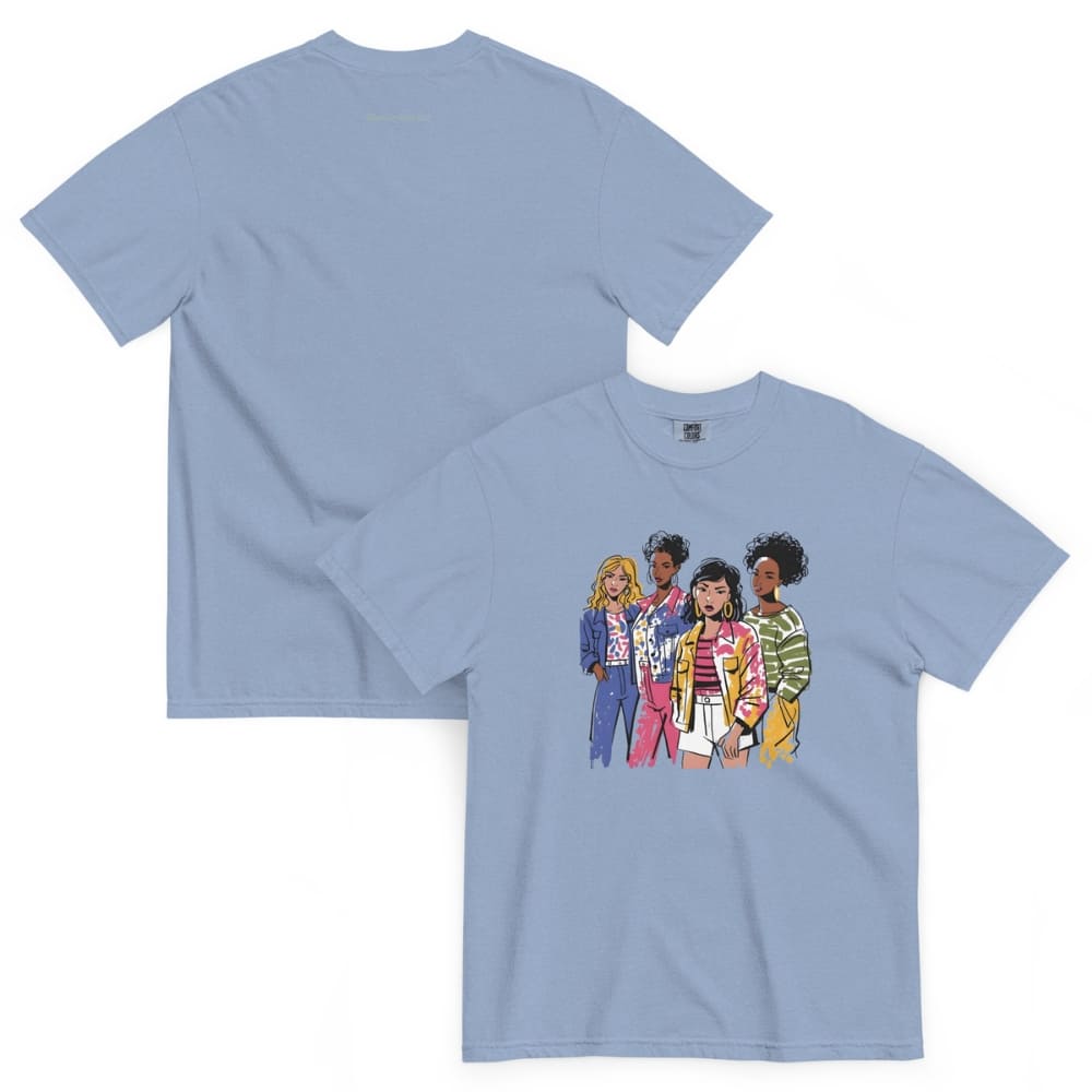 Denim-blue t-shirt with cartoon-style illustration of four people on a white background