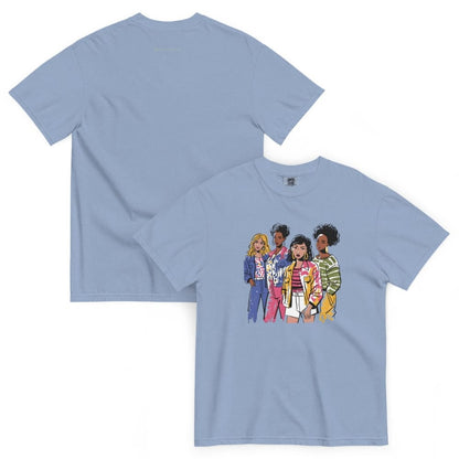 Denim-blue t-shirt with cartoon-style illustration of four people on a white background