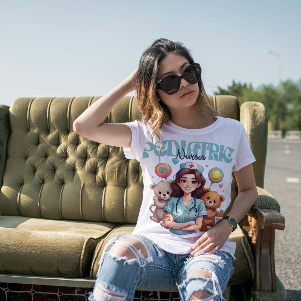 Pediatric Nurse T-Shirt – Cute Bear & Candy Nurse Design – Organic Cotton Tee