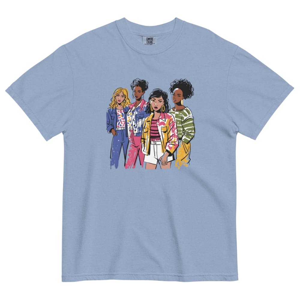 Denim-blue t-shirt with colorful graphic of four women on a white background