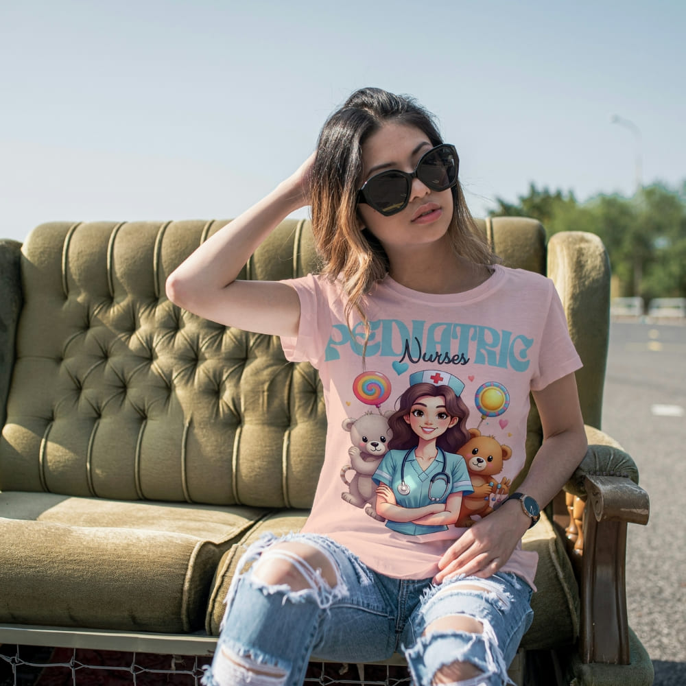 Pediatric Nurse T-Shirt – Cute Bear & Candy Nurse Design – Organic Cotton Tee