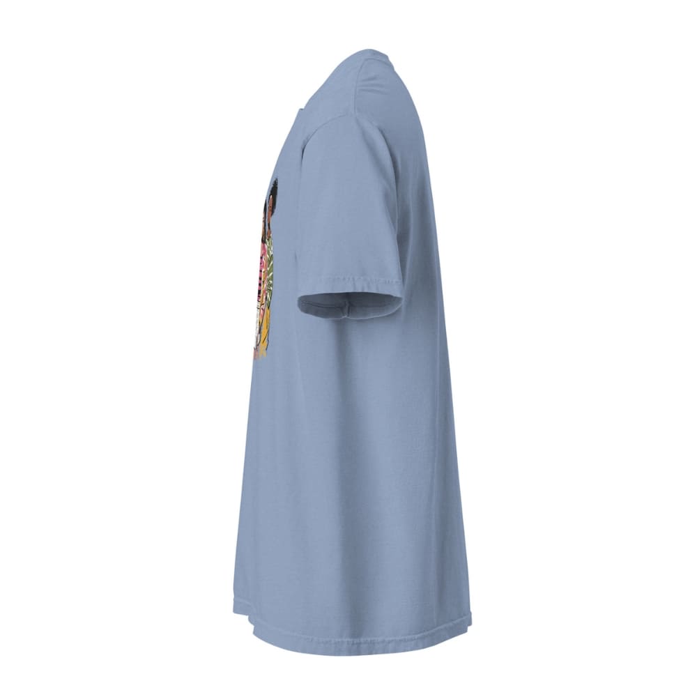 Denim-blue t-shirt with a colorful graphic on the sleeve against a white background