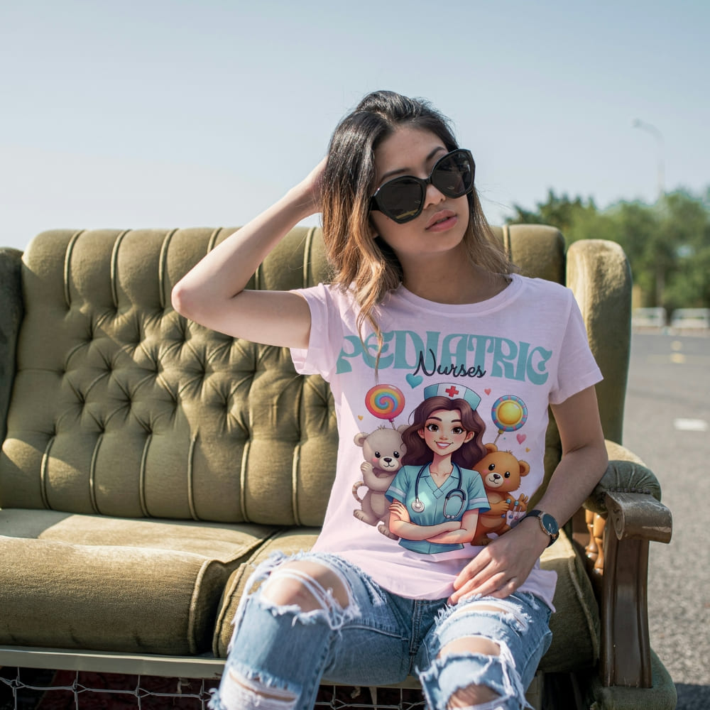 Pediatric Nurse T-Shirt – Cute Bear & Candy Nurse Design – Organic Cotton Tee