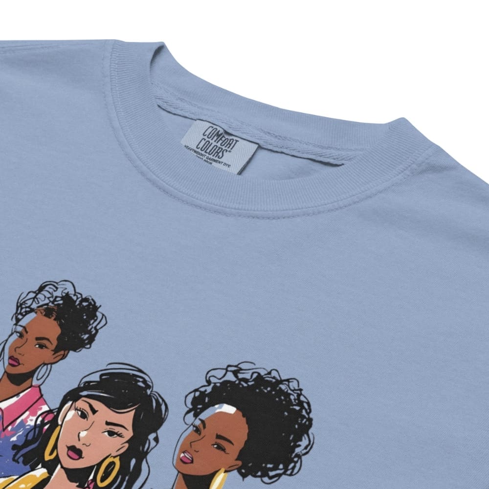 Denim-blue t-shirt with illustrations of three women on a white background