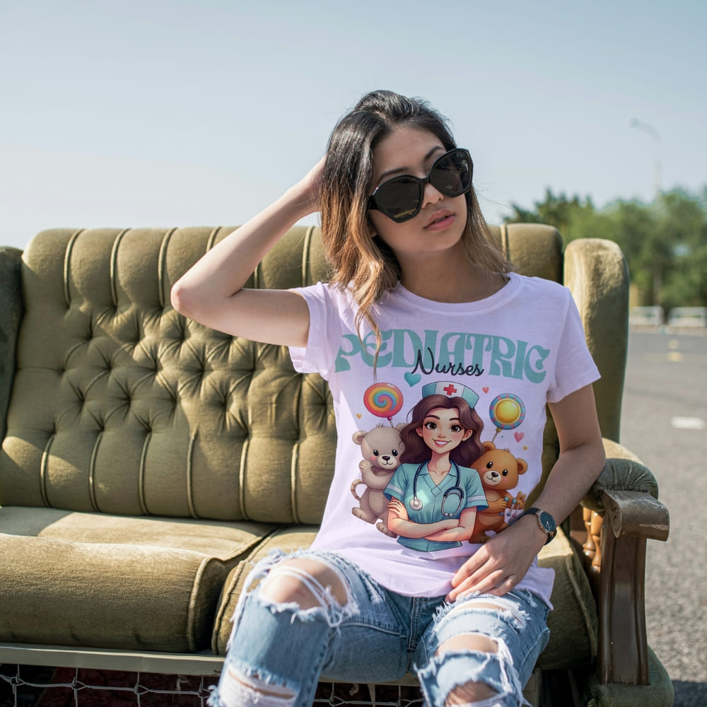 Pediatric Nurse T-Shirt – Cute Bear & Candy Nurse Design – Organic Cotton Tee