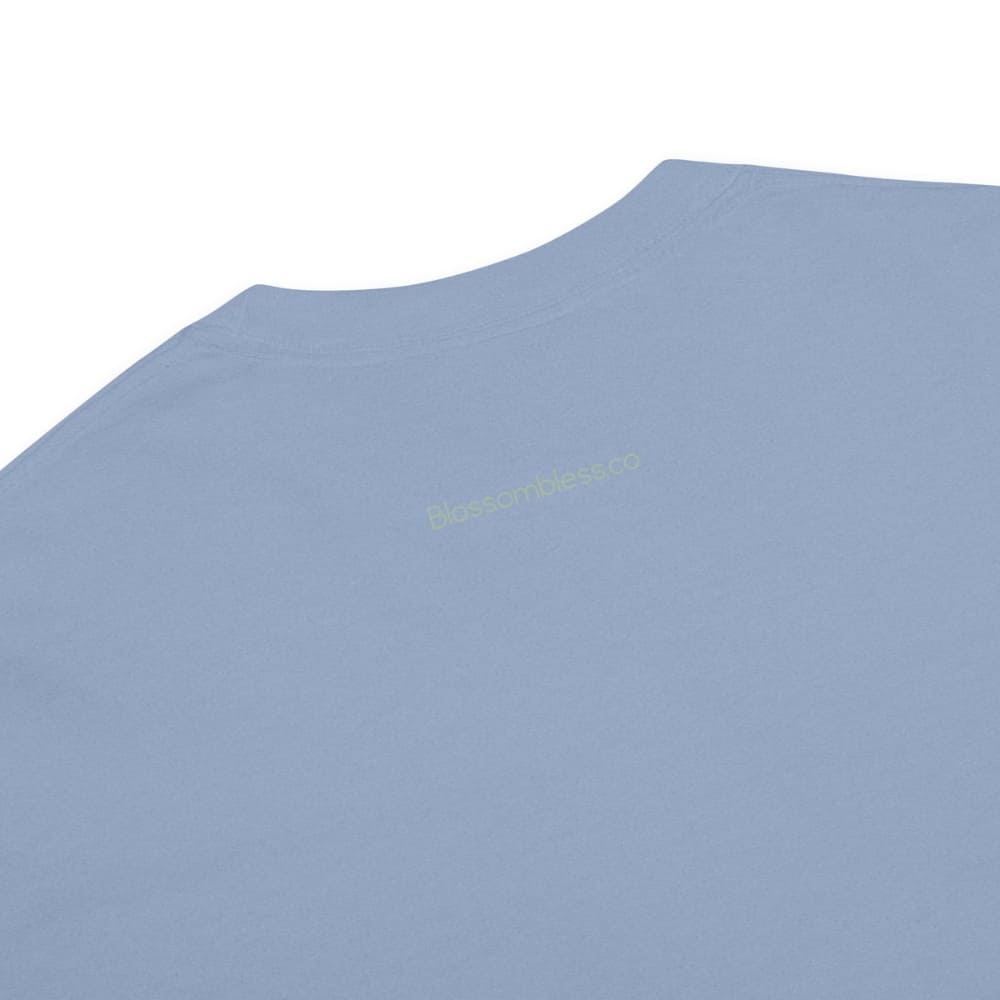 Denim-blue t-shirt with a gold and white logo on a white background