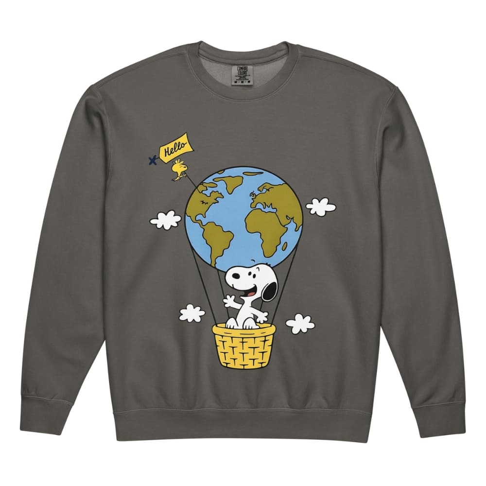 Gray sweatshirt with a cartoon design of Snoopy in a hot air balloon over the Earth.