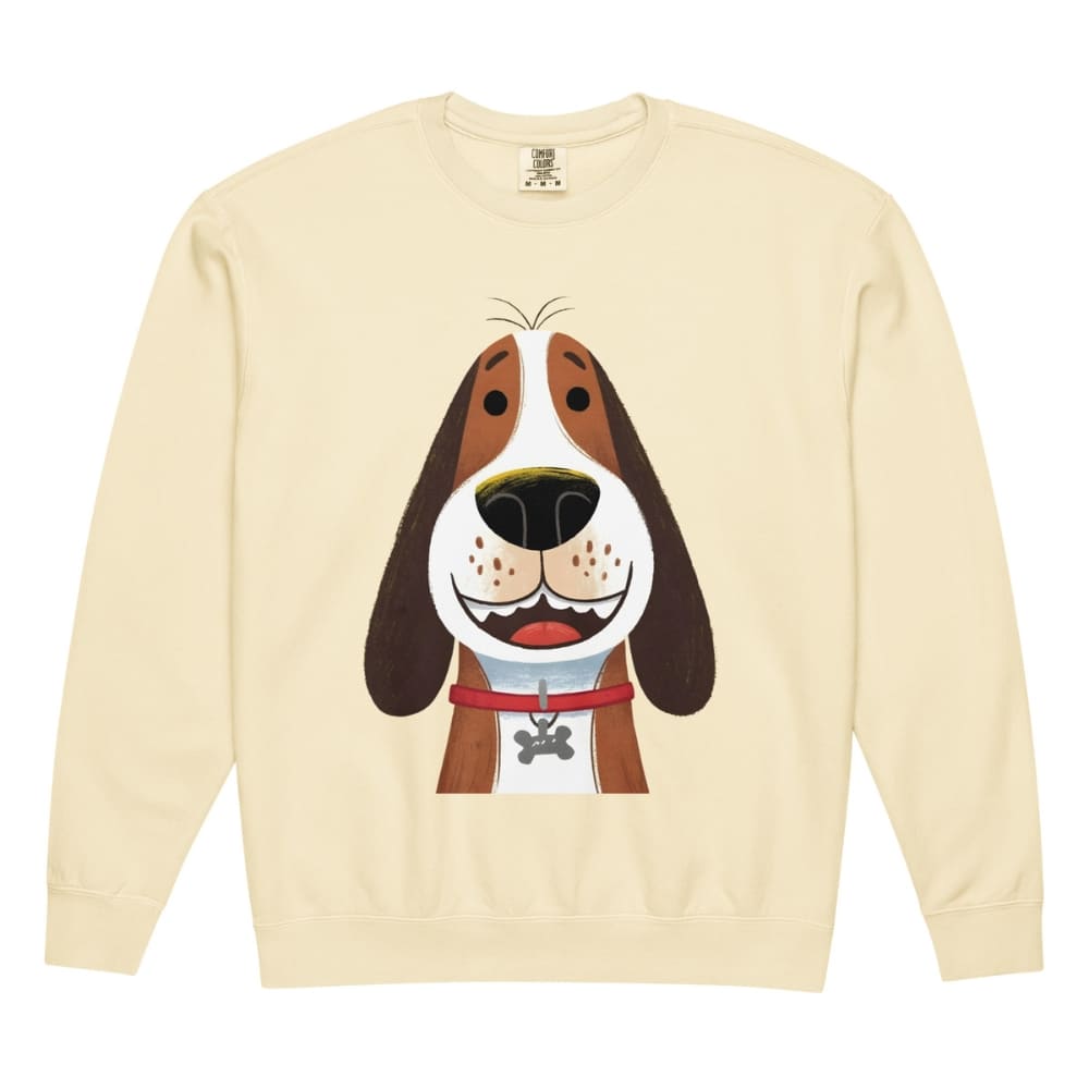 Beige sweatshirt with a cartoon dog design on a white background