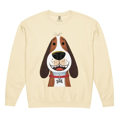 Beige sweatshirt with a cartoon dog design on a white background
