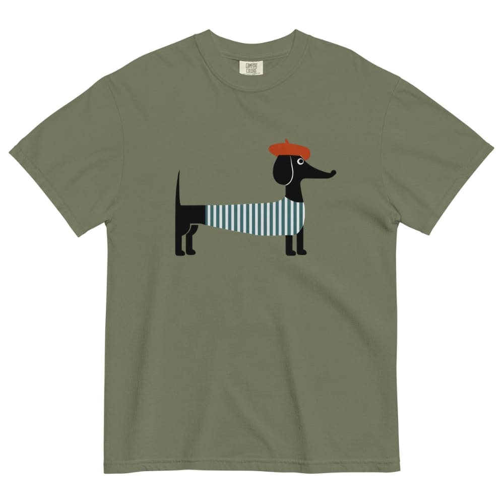 Moss green t-shirt with a dachshund graphic wearing a red beret and striped tie on a white background